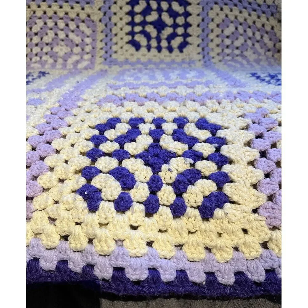 Vtg Purple White Crochet Handmade Afghan Throw Blanket Granny Square Style 48x64